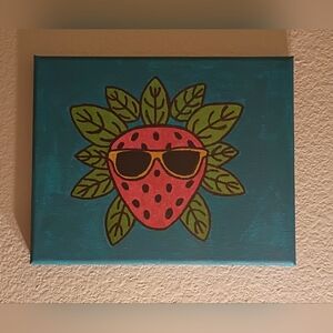 Handmade Handpainted Cool Strawberry With Sunglasses Stretched Canvas Wall Decor